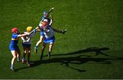 6 May 2023; Abby Flynn, right, and Niamh Rockett of Waterford in action against Eimear Loughman, right, and Aoife McGrath of Tipperary during the Munster Senior Camogie Championship match between Waterford and Tipperary at Páirc Uí Chaoimh in Cork. Photo by David Fitzgerald/Sportsfile