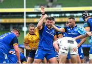 6 May 2023; Michael Milne of Leinster celebrates after scoring his side's second try during the United Rugby Championship Quarter-Final between Leinster and Cell C Sharks at the Aviva Stadium in Dublin. Photo by Harry Murphy/Sportsfile