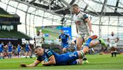 6 May 2023; Max Deegan of Leinster dives over to score his side's fourth try during the United Rugby Championship Quarter-Final between Leinster and Cell C Sharks at the Aviva Stadium in Dublin. Photo by Harry Murphy/Sportsfile