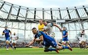 6 May 2023; Max Deegan of Leinster dives over to score his side's fourth try during the United Rugby Championship Quarter-Final between Leinster and Cell C Sharks at the Aviva Stadium in Dublin. Photo by Harry Murphy/Sportsfile