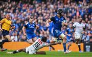 6 May 2023; Caelan Doris of Leinster is tackled by Aphelele Fassi of Cell C Sharks during the United Rugby Championship Quarter-Final between Leinster and Cell C Sharks at Aviva Stadium in Dublin. Photo by Brendan Moran/Sportsfile