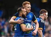 6 May 2023; Jamison Gibson-Park of Leinster celebrates with teammate Ciarán Frawley after scoring his side's fifth try during the United Rugby Championship Quarter-Final between Leinster and Cell C Sharks at the Aviva Stadium in Dublin. Photo by Harry Murphy/Sportsfile