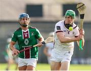 6 May 2023; Cianan Fahy of Galway in action against Gary Greville of Westmeath during the Leinster GAA Hurling Senior Championship Round 3 match between Westmeath and Galway at TEG Cusack Park in Mullingar, Westmeath. Photo by Michael P Ryan/Sportsfile
