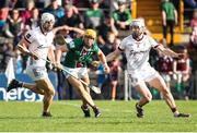 6 May 2023; Davy Glennon of Westmeath in action against Galway players, Gearoid McInerney, left, and Darren Morrissey during the Leinster GAA Hurling Senior Championship Round 3 match between Westmeath and Galway at TEG Cusack Park in Mullingar, Westmeath. Photo by Michael P Ryan/Sportsfile