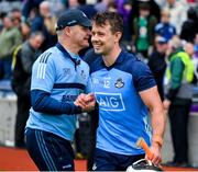 6 May 2023; Dublin manager Micheál Donoghue celebrates with Cian Boland of Dublin after the Leinster GAA Hurling Senior Championship Round 3 match between Dublin and Wexford at Croke Park in Dublin. Photo by Ray McManus/Sportsfile