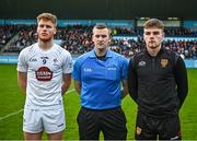 6 May 2023; Referee Thomas Murphy and team captains Shane Farrell of Kildare, left, and Ryan Magill of Down before the Eirgrid GAA Football All-Ireland U20 Championship Semi-Final match between Kildare and Down at Parnell Park in Dublin. Photo by Tyler Miller/Sportsfile