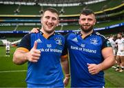 6 May 2023; John McKee and Michael Milne of Leinster after their side's victory in the United Rugby Championship Quarter-Final between Leinster and Cell C Sharks at the Aviva Stadium in Dublin. Photo by Harry Murphy/Sportsfile