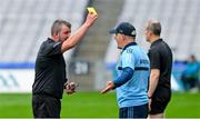 6 May 2023; Dublin manager Micheál Donoghue is shown a yellow card by referee Thomas Walsh during the Leinster GAA Hurling Senior Championship Round 3 match between Dublin and Wexford at Croke Park in Dublin. Photo by Ray McManus/Sportsfile