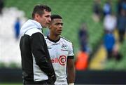 6 May 2023; Grant Williams of Cell C Sharks with attack and backs coach Noel McNamara after their side's loss in the United Rugby Championship Quarter-Final between Leinster and Cell C Sharks at Aviva Stadium in Dublin. Photo by Brendan Moran/Sportsfile