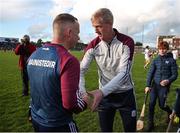 6 May 2023; Westmeath manager Joe Fortune, left, shakes hands with Galway manager Henry Shefflin after the Leinster GAA Hurling Senior Championship Round 3 match between Westmeath and Galway at TEG Cusack Park in Mullingar, Westmeath. Photo by Michael P Ryan/Sportsfile