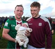 6 May 2023; Davy Glennon of Westmeath with his 2 week old son Frankie, left, and brother Ronan Glennon of Galway after the Leinster GAA Hurling Senior Championship Round 3 match between Westmeath and Galway at TEG Cusack Park in Mullingar, Westmeath. Photo by Michael P Ryan/Sportsfile