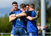 6 May 2023; Ciaran Fennessy, 14, Leinster is congratulated by his team-mates from left Jake McDonald, Mikey Russell and Graham Reynolds after he scored a try against Connacht during the Interprovincial Juniors match between Leinster and Connacht at Portlaoise in Laois. Photo by Matt Browne/Sportsfile