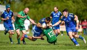6 May 2023; Paulie Tolofua of Leinster is tackled by Barry Walsh of Connacht during the Interprovincial Juniors match between Leinster and Connacht at Portlaoise in Laois. Photo by Matt Browne/Sportsfile
