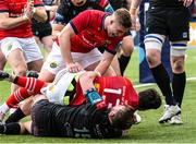 6 May 2023; Antoine Frisch of Munster celebrates scoring a try during the United Rugby Championship Quarter-Final match between Glasgow Warriors and Munster at Scotstoun Stadium in Glasgow, Scotland. Photo by Paul Devlin/Sportsfile
