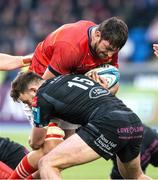 6 May 2023; Jean Kleyn of Munster is tackled by Ollie Smith of Glasgow Warriors during the United Rugby Championship Quarter-Final match between Glasgow Warriors and Munster at Scotstoun Stadium in Glasgow, Scotland. Photo by Paul Devlin/Sportsfile