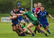 6 May 2023; Garry Dunne of Leinster is tackled by Tommy Mullin and Michael O'Toole of Connacht during the Interprovincial Juniors match between Leinster and Connacht at Portlaoise in Laois. Photo by Matt Browne/Sportsfile