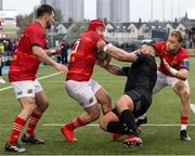 6 May 2023; Niall Scanell of Munster is tackled by Jamie Bhatti of Glasgow Warriors during the United Rugby Championship Quarter-Final match between Glasgow Warriors and Munster at Scotstoun Stadium in Glasgow, Scotland. Photo by Paul Devlin/Sportsfile