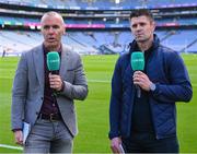 6 May 2023; GAAGO commentator Dave McIntyre with former Dublin goalkeeper Alan Nolan, right, before the GAA Hurling All-Ireland U20 B Championship Final match between Derry and Roscommon at Croke Park in Dublin. Photo by Ray McManus/Sportsfile