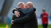 6 May 2023; The Derry manager Rian Ó Neill celebrates with Derry County Board Chairman John Keenan at the end of the GAA Hurling All-Ireland U20 B Championship Final match between Derry and Roscommon at Croke Park in Dublin. Photo by Ray McManus/Sportsfile
