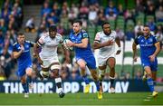 6 May 2023; Hugo Keenan of Leinster makes a break during the United Rugby Championship Quarter-Final between Leinster and Cell C Sharks at the Aviva Stadium in Dublin. Photo by Harry Murphy/Sportsfile