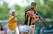 7 May 2023; Alan Murphy of Kilkenny scores a point under pressure from Rian McMullan of Antrim during the Leinster GAA Hurling Senior Championship Round 3 match between Antrim and Kilkenny at Corrigan Park in Belfast. Photo by Ramsey Cardy/Sportsfile