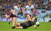 7 May 2023; Patrick O Connor of Sligo in action against Cathal Sweeney, left, and Cian Hernon of Galway during the Connacht GAA Football Senior Championship Final match between Sligo and Galway at Hastings Insurance MacHale Park in Castlebar, Mayo. Photo by Ray McManus/Sportsfile