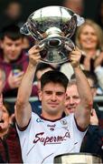 7 May 2023; Seán Kelly, the Galway captain, lifts the Nestor Cup after the Connacht GAA Football Senior Championship Final match between Sligo and Galway at Hastings Insurance MacHale Park in Castlebar, Mayo. Photo by Ray McManus/Sportsfile