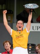7 May 2023; Antrim captain Aoibeann Donnelly lifts the trophy after the Electric Ireland Minor A Shield All-Ireland Championship Final match between Antrim and Limerick at UPMC Nowlan Park in Kilkenny. Photo by Stephen Marken/Sportsfile