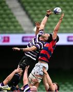 7 May 2023; Jordan Coghlan of Terenure wins possession in the lineout against Brian Deeny of Clontarf during the Energia All-Ireland League Men's Division 1A Final match between Clontarf and Terenure at the Aviva Stadium in Dublin. Photo by Harry Murphy/Sportsfile