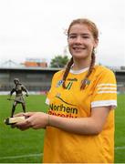 7 May 2023; Pictured is Orlaith McAllister of Antrim who was named the Electric Ireland player of the match following her performance for Antrim in today’s Electric Ireland Camogie Minor A Shield All-Ireland Championship Final against Limerick at UPMC Nowlan Park in Kilkenny. Follow all the action in the Electric Ireland Camogie Minor Championships on social media @ElectricIreland and via the hashtag #ThisIsMajor, or for more information go to https://www.electricireland.ie/camogie-minor-championships. Photo by Stephen Marken/Sportsfile