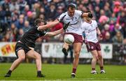 7 May 2023; John Maher of Galway shoots for a point despite the efforts of Brian Cox of Sligo during the Connacht GAA Football Senior Championship Final match between Sligo and Galway at Hastings Insurance MacHale Park in Castlebar, Mayo. Photo by Brendan Moran/Sportsfile