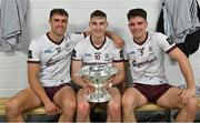 7 May 2023; Galway players, from left, John Maher, Matthew Tierney and Seán Kelly celebrate with the Nestor Cup after the Connacht GAA Football Senior Championship Final match between Sligo and Galway at Hastings Insurance MacHale Park in Castlebar, Mayo. Photo by Ray McManus/Sportsfile