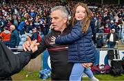 7 May 2023; Galway manager Padraic Joyce and his daughter Jodie are congratulated by supporters after the Connacht GAA Football Senior Championship Final match between Sligo and Galway at Hastings Insurance MacHale Park in Castlebar, Mayo. Photo by Brendan Moran/Sportsfile