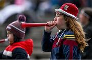 7 May 2023; A Galway supporter blows a vuvuzela while supporting her team during the Connacht GAA Football Senior Championship Final match between Sligo and Galway at Hastings Insurance MacHale Park in Castlebar, Mayo. Photo by Brendan Moran/Sportsfile