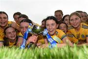 7 May 2023; Roscommon players, from left, Andrea Fallon, Saoirse Gacquin, Mairead Lohan, Emma Mannion, Zara Fallon and Michaela Lohan celebrate after the Electric Ireland Minor B All-Ireland Championship Final match between Laois and Roscommon at St. Brendan’s Park in Birr, Offaly. Photo by Tom Beary/Sportsfile