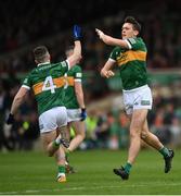 7 May 2023; David Clifford of Kerry, right, celebrates with teammate Tom O'Sullivan after scoring their side's fourth goal during the Munster GAA Football Senior Championship Final match between Kerry and Clare at LIT Gaelic Grounds in Limerick. Photo by David Fitzgerald/Sportsfile