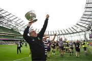 7 May 2023; Terenure manager Paul Murphy lifts the trophy after the Energia All-Ireland League Men's Division 1A Final match between Clontarf and Terenure at the Aviva Stadium in Dublin. Photo by Harry Murphy/Sportsfile