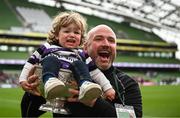 7 May 2023; Terenure managment Mark Hamilton lifts the trophy with his son Harry after the Energia All-Ireland League Men's Division 1A Final match between Clontarf and Terenure at the Aviva Stadium in Dublin. Photo by Harry Murphy/Sportsfile