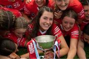 7 May 2023; Cork captain Sinéad Hurley and her teamates celebrate with the cup after the Electric Ireland Minor A All-Ireland Championship Final match between Cork and Waterford at UPMC Nowlan Park in Kilkenny. Photo by Stephen Marken/Sportsfile