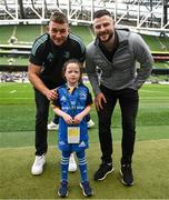 6 May 2023; Match day mascot Elana McKean Fitzgerald with Ross Molony and Robbie Henshaw of Leinster before the United Rugby Championship Quarter-Final between Leinster and Cell C Sharks at the Aviva Stadium in Dublin. Photo by Harry Murphy/Sportsfile