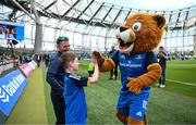 6 May 2023; Matchday mascot Leo Kilduff with Leinster mascot Leo the Lion before the United Rugby Championship Quarter-Final between Leinster and Cell C Sharks at the Aviva Stadium in Dublin. Photo by Harry Murphy/Sportsfile