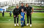 6 May 2023; Match day mascot Leo Kilduff with Leinster players, from left, Garry Ringrose, James Ryan and Ross Molony before the United Rugby Championship Quarter-Final between Leinster and Cell C Sharks at the Aviva Stadium in Dublin. Photo by Harry Murphy/Sportsfile