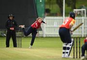 7 May 2023; Amy Hunter of Dragons bowls to Mary-Anne Musonda of Scorchers during the Evoke Super Series 2023 match between Dragons and Scorchers at Lisburn Cricket Club, Wallace Park in Lisburn, Down. Photo by Oliver McVeigh/Sportsfile
