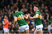 7 May 2023; Paudie Clifford of Kerry, right, celebrates with Sean O'Shea after scoring their side's fifth goal during the Munster GAA Football Senior Championship Final match between Kerry and Clare at LIT Gaelic Grounds in Limerick. Photo by David Fitzgerald/Sportsfile