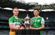 8 May 2023; Declan Hogan of Offaly, left, and Chris Farley of London during the Tailteann Cup launch at Croke Park in Dublin. Photo by David Fitzgerald/Sportsfile