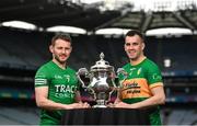 8 May 2023; Declan McCusker of Fermanagh, left, and Paddy Maguire of Leitrim during the Tailteann Cup launch at Croke Park in Dublin. Photo by David Fitzgerald/Sportsfile