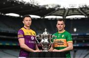 8 May 2023; Eoghan Nolan of Wexford, left, and Paddy Maguire of Leitrim during the Tailteann Cup launch at Croke Park in Dublin. Photo by David Fitzgerald/Sportsfile