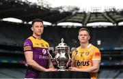 8 May 2023; Eoghan Nolan of Wexford, left, and Peter Healy of Antrim during the Tailteann Cup launch at Croke Park in Dublin. Photo by David Fitzgerald/Sportsfile