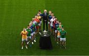 8 May 2023; Uachtarán Chumann Lúthchleas Gael Larry McCarthy, centre, with players, from left, Peter Healy of Antrim, Chris Farley of London, Paddy Fox of Longford, Paul Maher of Limerick, Raymond Galligan of Cavan, Darragh Foley of Carlow, Eoghan Nolan of Wexford, Stephen O’Brien of Tipperary, Matthew Costello of Meath, Padraig O’Toole of Wicklow, Dermot Ryan of Waterford, Niall McParland of Down, Mark Barry of Laois, Paddy Maguire of Leitrim, Declan Hogan of Offaly, Declan McCusker of Fermanagh, during the Tailteann Cup launch at Croke Park in Dublin. Photo by David Fitzgerald/Sportsfile