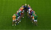 8 May 2023; Uachtarán Chumann Lúthchleas Gael Larry McCarthy, centre, with players, from left, Peter Healy of Antrim, Chris Farley of London, Paddy Fox of Longford, Paul Maher of Limerick, Raymond Galligan of Cavan, Darragh Foley of Carlow, Eoghan Nolan of Wexford, Stephen O’Brien of Tipperary, Matthew Costello of Meath, Padraig O’Toole of Wicklow, Dermot Ryan of Waterford, Niall McParland of Down, Mark Barry of Laois, Paddy Maguire of Leitrim, Declan Hogan of Offaly, Declan McCusker of Fermanagh, during the Tailteann Cup launch at Croke Park in Dublin. Photo by David Fitzgerald/Sportsfile